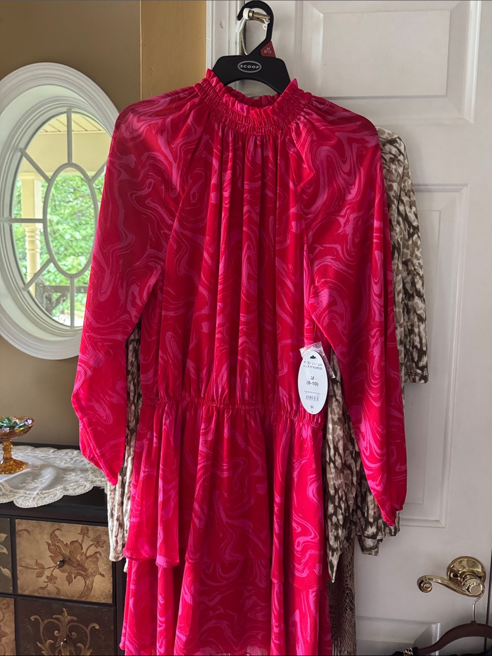 Bright Pink Swirl Long Sleeve Tiered Dress